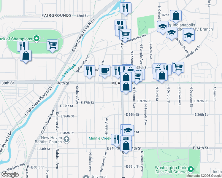 map of restaurants, bars, coffee shops, grocery stores, and more near 2217 East 38th Street in Indianapolis