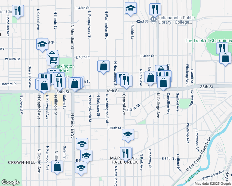 map of restaurants, bars, coffee shops, grocery stores, and more near 400 38th Street in Indianapolis