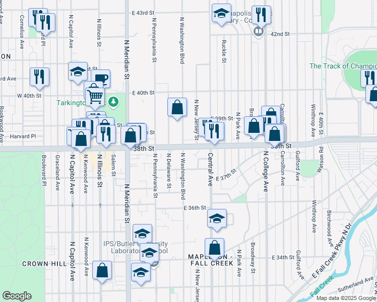 map of restaurants, bars, coffee shops, grocery stores, and more near 301 East 38th Street in Indianapolis
