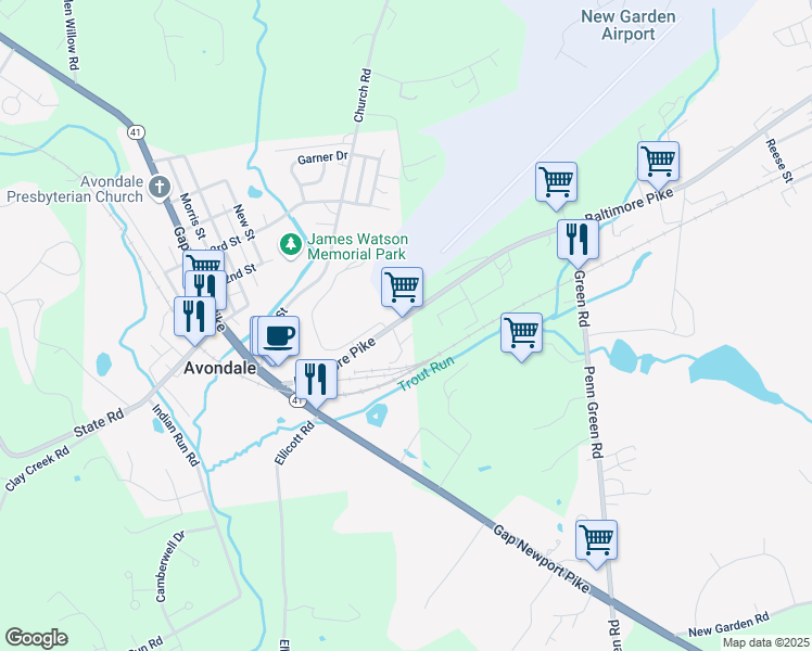 map of restaurants, bars, coffee shops, grocery stores, and more near 46 Baltimore Pike in Avondale