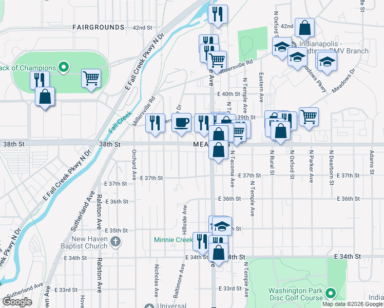 map of restaurants, bars, coffee shops, grocery stores, and more near 2217 East 38th Street in Indianapolis