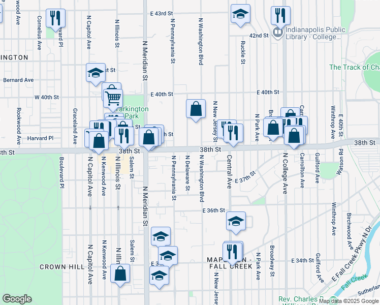 map of restaurants, bars, coffee shops, grocery stores, and more near 215 E 38th St in Indianapolis