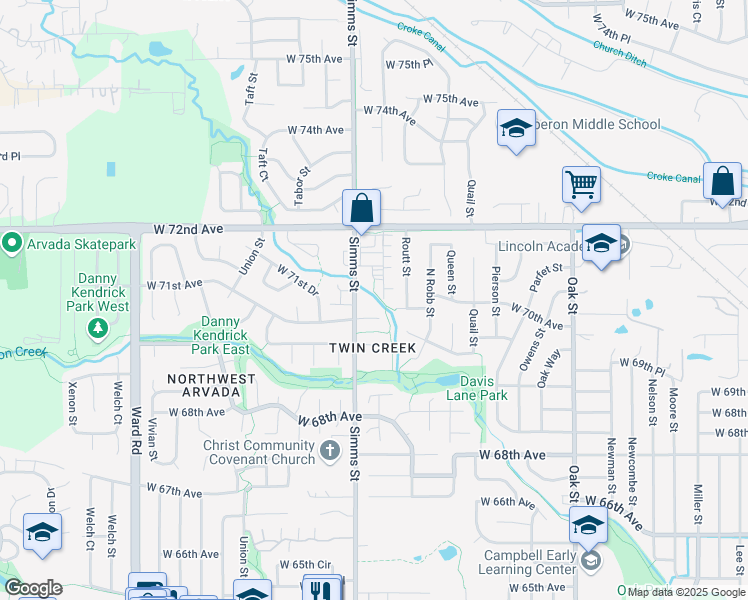 map of restaurants, bars, coffee shops, grocery stores, and more near 7106 Simms Street in Arvada