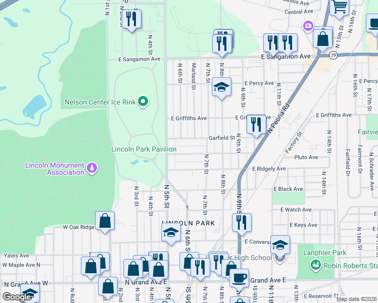 map of restaurants, bars, coffee shops, grocery stores, and more near 601 Wood Avenue in Springfield