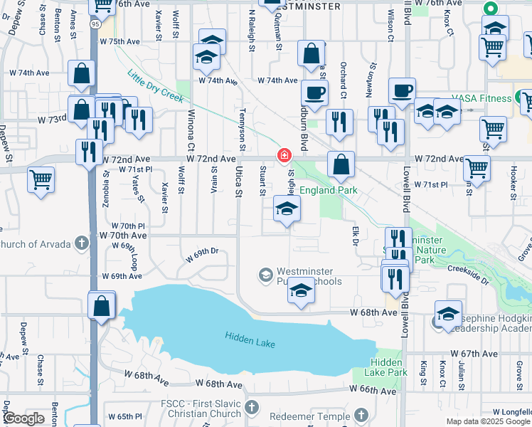 map of restaurants, bars, coffee shops, grocery stores, and more near 7045 Stuart Street in Westminster