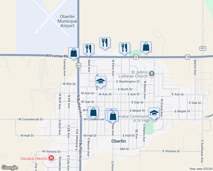 map of restaurants, bars, coffee shops, grocery stores, and more near 507 North Rodehaver Avenue in Oberlin