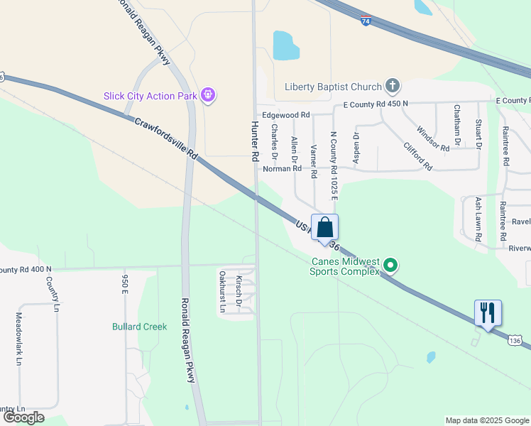 map of restaurants, bars, coffee shops, grocery stores, and more near 10021 US Highway 136 in Indianapolis