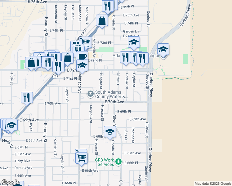 map of restaurants, bars, coffee shops, grocery stores, and more near 7090 Olive Street in Commerce City