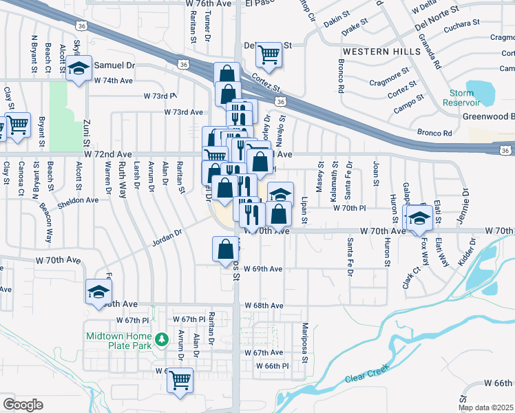map of restaurants, bars, coffee shops, grocery stores, and more near 7070 North Pecos Street in Denver