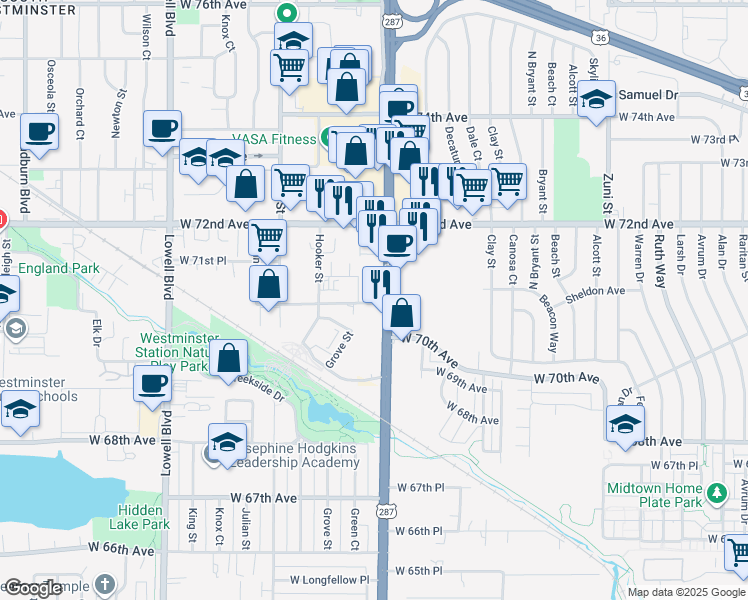 map of restaurants, bars, coffee shops, grocery stores, and more near 7115 Federal Boulevard in Westminster