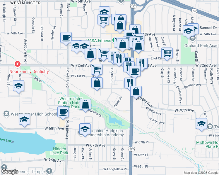 map of restaurants, bars, coffee shops, grocery stores, and more near 7111 Hooker Street in Westminster