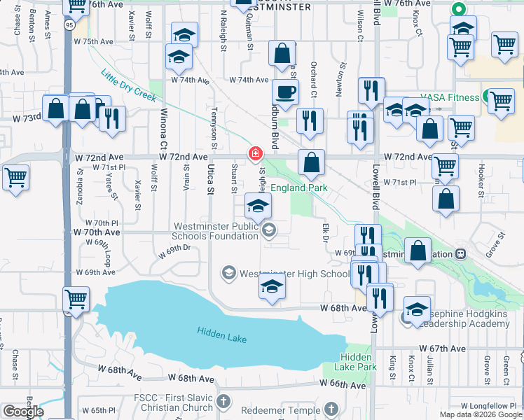 map of restaurants, bars, coffee shops, grocery stores, and more near 4225 West 70th Place in Westminster