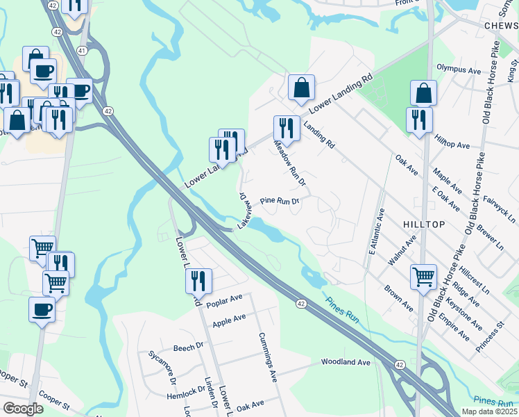 map of restaurants, bars, coffee shops, grocery stores, and more near 590 Lower Landing Road in Camden County