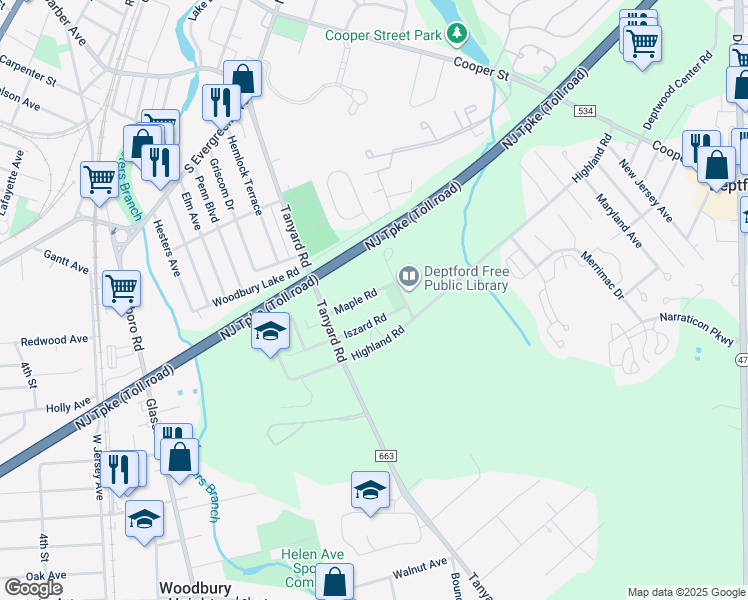 map of restaurants, bars, coffee shops, grocery stores, and more near 741 Maple Road in Deptford