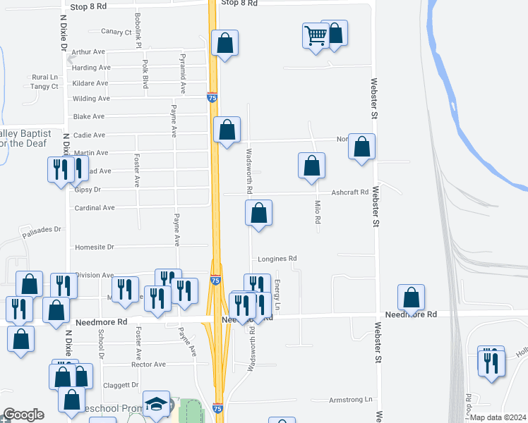 map of restaurants, bars, coffee shops, grocery stores, and more near 2520 Ashcraft Road in Dayton