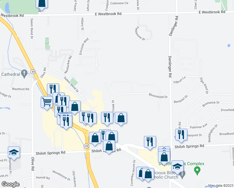 map of restaurants, bars, coffee shops, grocery stores, and more near 4973 Bloomfield Drive in Trotwood