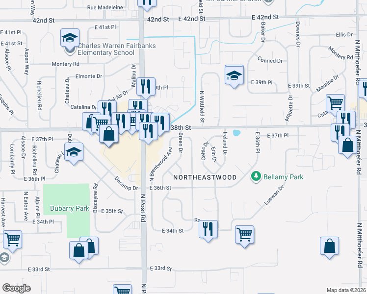 map of restaurants, bars, coffee shops, grocery stores, and more near 3738 Breen Drive in Indianapolis