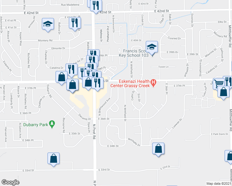 map of restaurants, bars, coffee shops, grocery stores, and more near 3738 Breen Drive in Indianapolis
