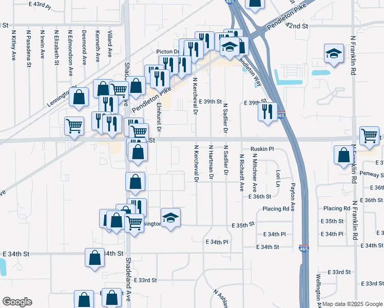 map of restaurants, bars, coffee shops, grocery stores, and more near 3757 North Kercheval Drive in Indianapolis