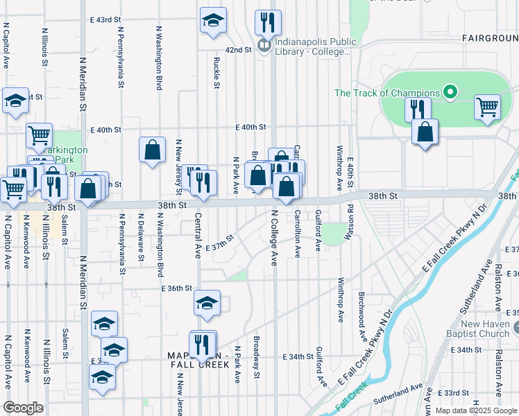 map of restaurants, bars, coffee shops, grocery stores, and more near 625 East 38th Street in Indianapolis