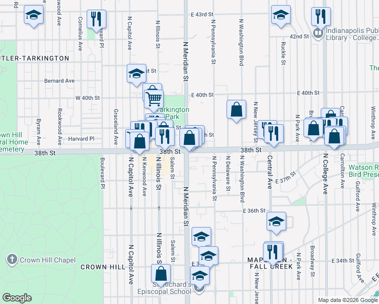 map of restaurants, bars, coffee shops, grocery stores, and more near in Indianapolis