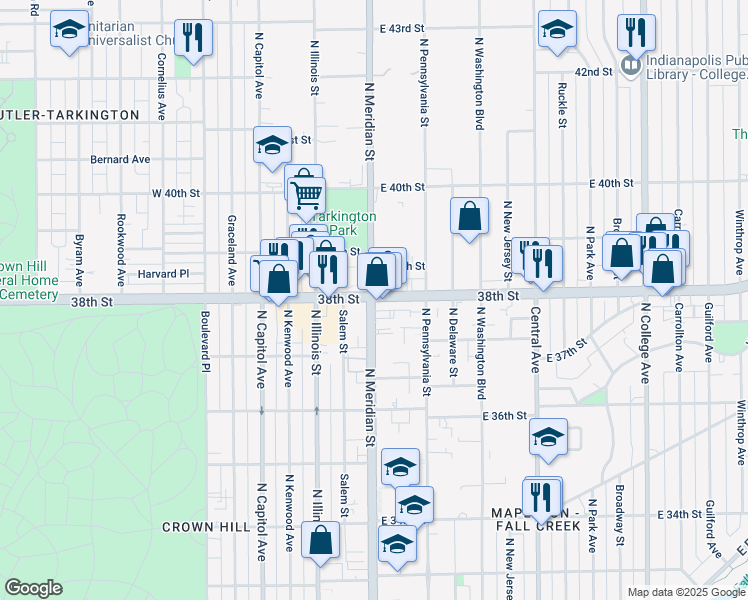 map of restaurants, bars, coffee shops, grocery stores, and more near 3801n North Meridian Street in Indianapolis