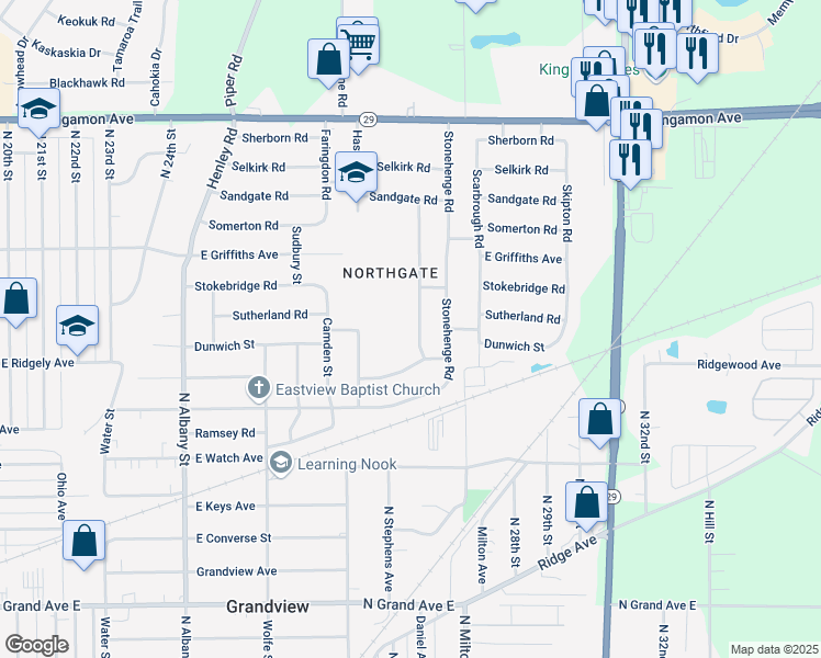 map of restaurants, bars, coffee shops, grocery stores, and more near 1829 Stanhope Road in Springfield