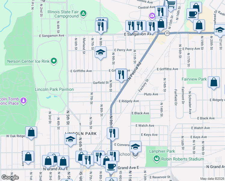 map of restaurants, bars, coffee shops, grocery stores, and more near 1816 North 9th Street in Springfield