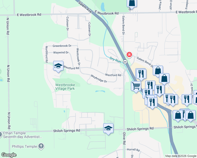 map of restaurants, bars, coffee shops, grocery stores, and more near 6199 Weybridge Drive in Trotwood
