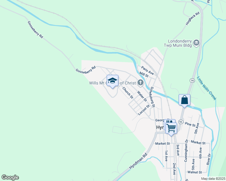 map of restaurants, bars, coffee shops, grocery stores, and more near 130 School Drive in Hyndman