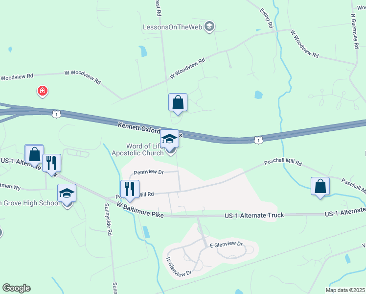 map of restaurants, bars, coffee shops, grocery stores, and more near 130 Woodcrest Road in West Grove