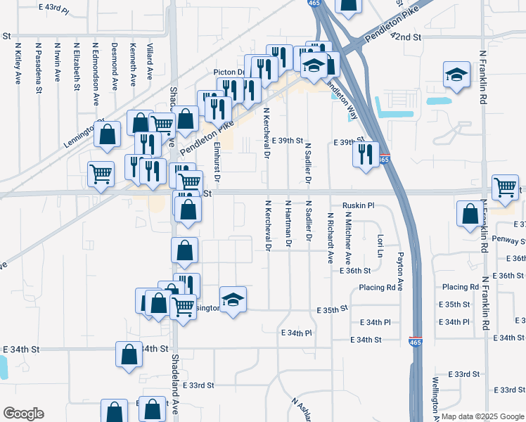 map of restaurants, bars, coffee shops, grocery stores, and more near 3757 North Kercheval Drive in Indianapolis