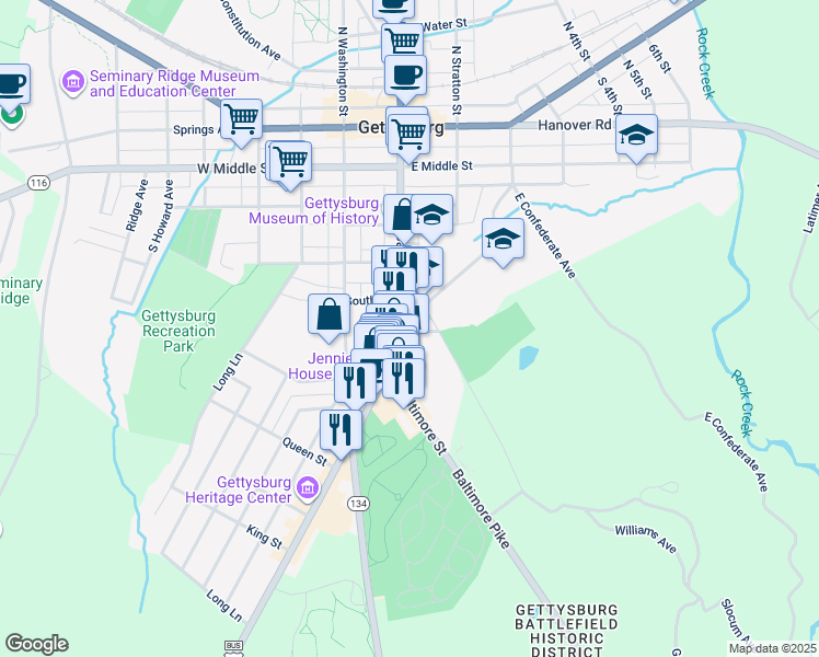 map of restaurants, bars, coffee shops, grocery stores, and more near 438 Baltimore Street in Gettysburg