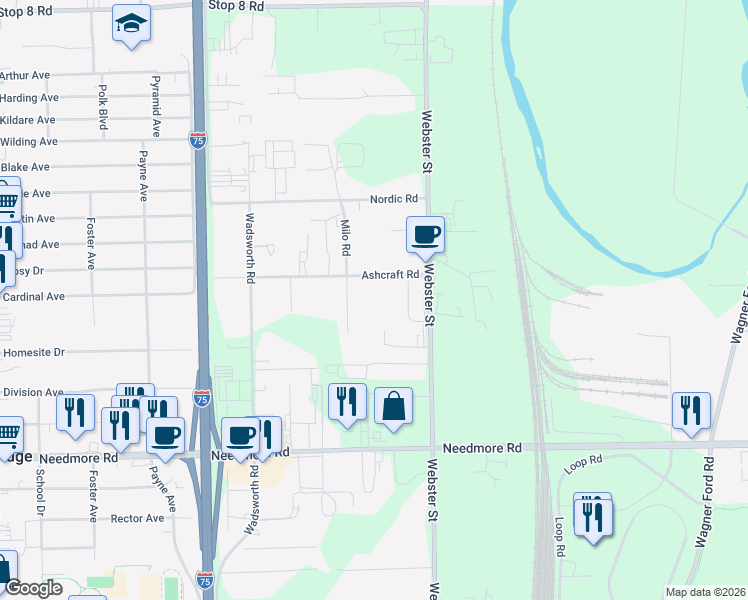 map of restaurants, bars, coffee shops, grocery stores, and more near 2640 Ashcraft Road in Dayton