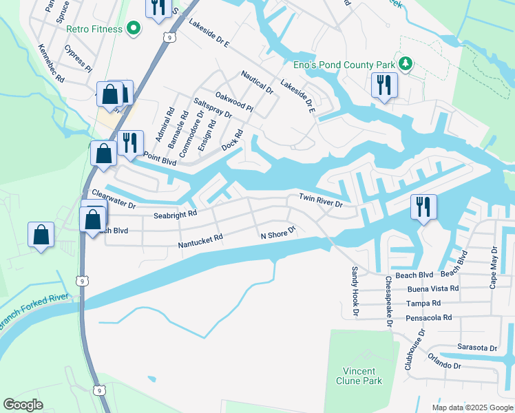 map of restaurants, bars, coffee shops, grocery stores, and more near 504 Beach Boulevard in Lacey Township