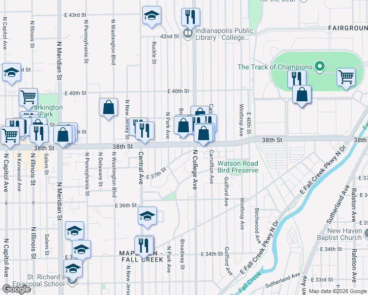 map of restaurants, bars, coffee shops, grocery stores, and more near 633 East 38th Street in Indianapolis