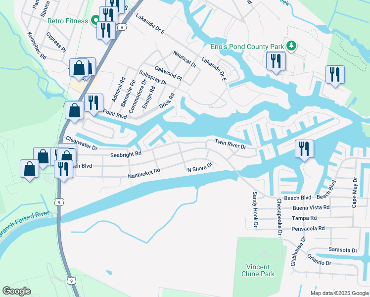 map of restaurants, bars, coffee shops, grocery stores, and more near 504 Beach Boulevard in Lacey Township