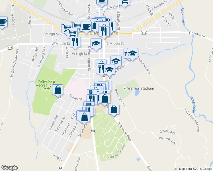 map of restaurants, bars, coffee shops, grocery stores, and more near 438 Baltimore Street in Gettysburg
