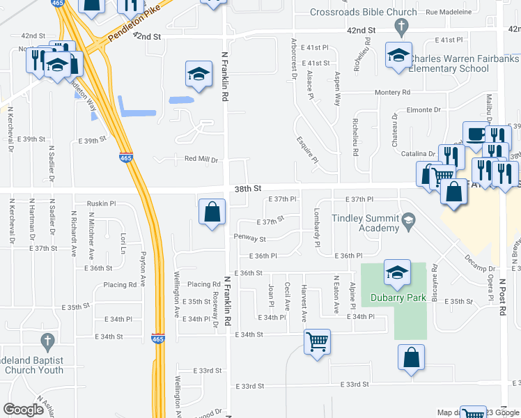 map of restaurants, bars, coffee shops, grocery stores, and more near 3722 Joan Place in Indianapolis