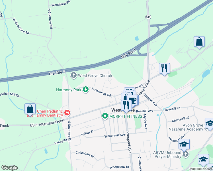 map of restaurants, bars, coffee shops, grocery stores, and more near 4 Friends Drive in West Grove