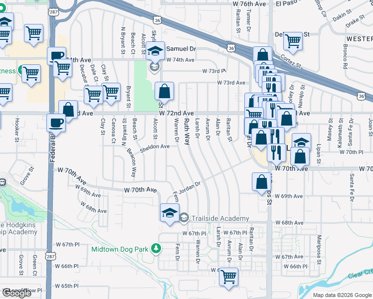 map of restaurants, bars, coffee shops, grocery stores, and more near 7061 Ruth Way in Denver