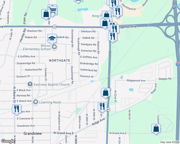 map of restaurants, bars, coffee shops, grocery stores, and more near 3008 Sutherland Road in Springfield