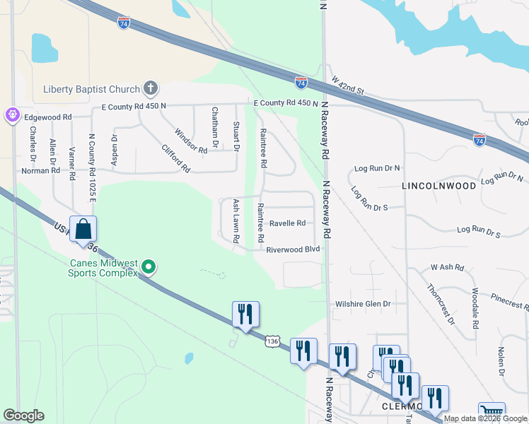 map of restaurants, bars, coffee shops, grocery stores, and more near 10787 Running Brook Road in Indianapolis