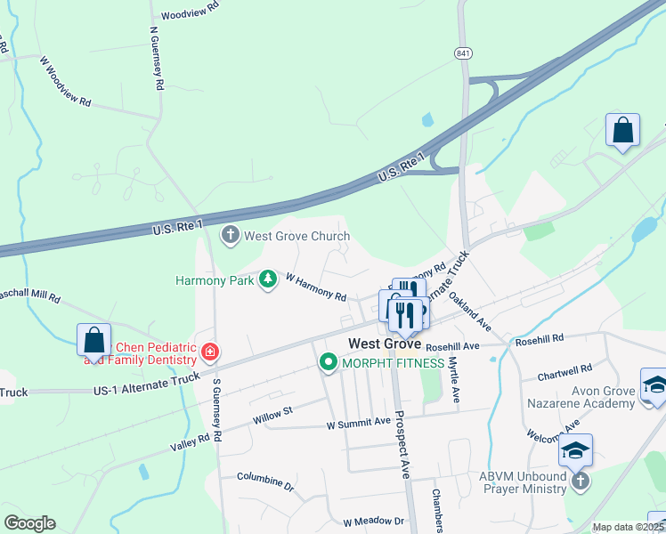 map of restaurants, bars, coffee shops, grocery stores, and more near 4 Friends Drive in West Grove