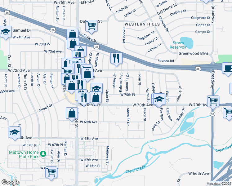 map of restaurants, bars, coffee shops, grocery stores, and more near 7079 Masey Street in Denver