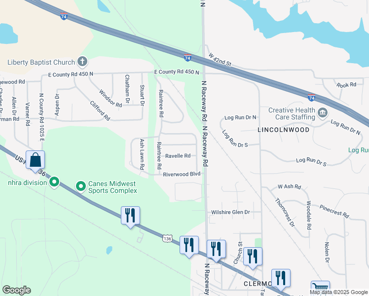map of restaurants, bars, coffee shops, grocery stores, and more near 10893 Running Brook Road in Indianapolis