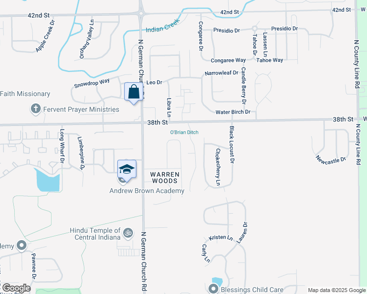 map of restaurants, bars, coffee shops, grocery stores, and more near 3705 Bearwood Drive in Indianapolis