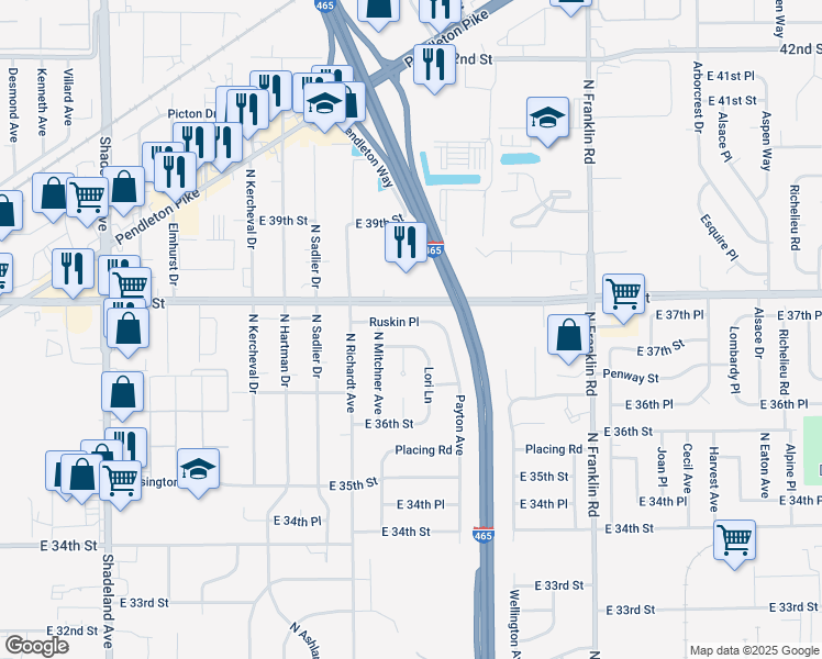 map of restaurants, bars, coffee shops, grocery stores, and more near 7607 Ruskin Pl in Indianapolis