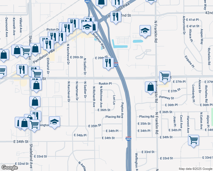 map of restaurants, bars, coffee shops, grocery stores, and more near 7607 Ruskin Place in Indianapolis