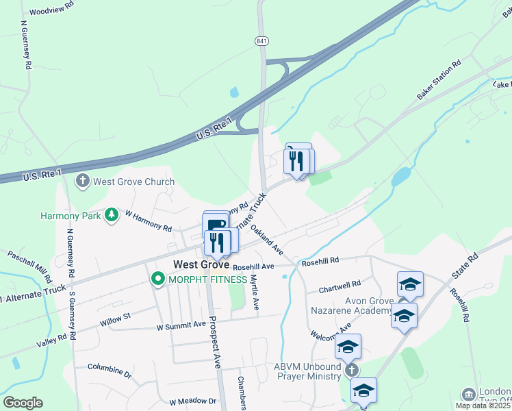 map of restaurants, bars, coffee shops, grocery stores, and more near East Evergreen Street in West Grove